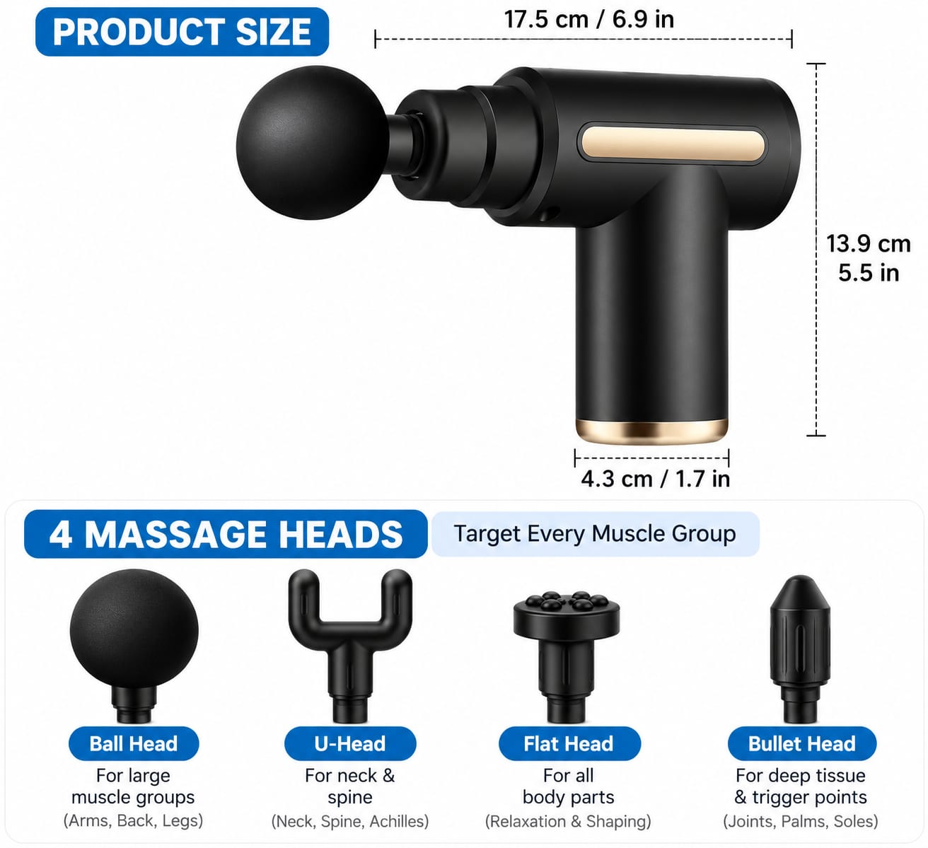 Mini Massage Gun 6 Speed Levels, 4 Interchangeable Massage Heads