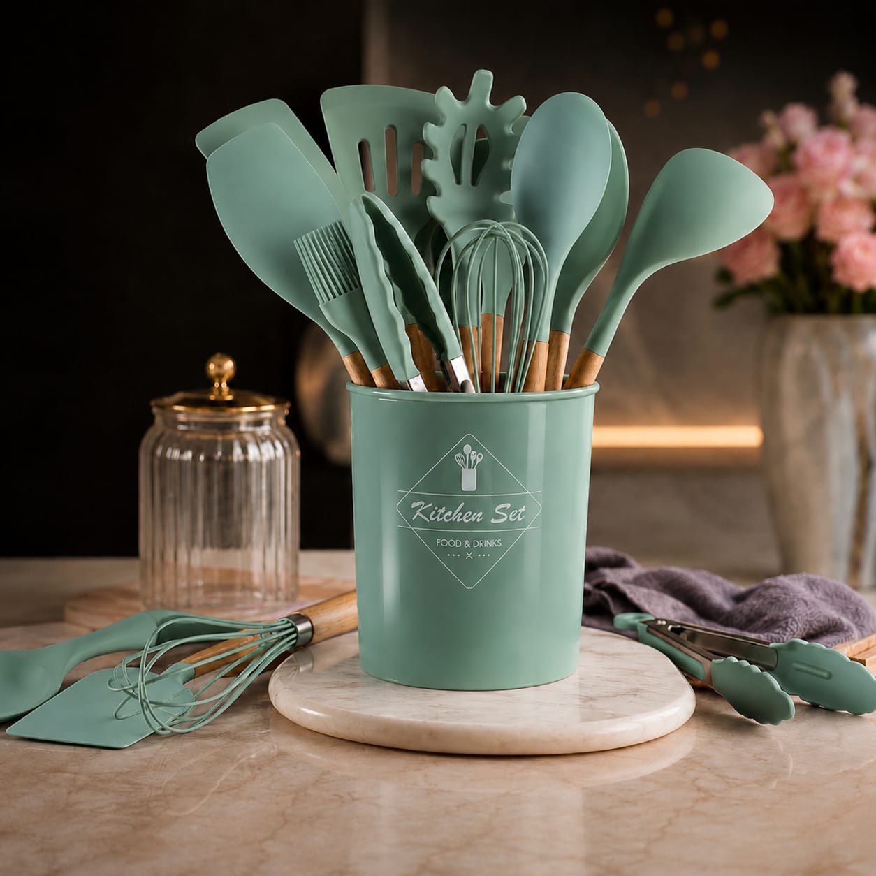12-Piece Silicone Kitchen Utensil Set with Wooden Handles & Storage Holder