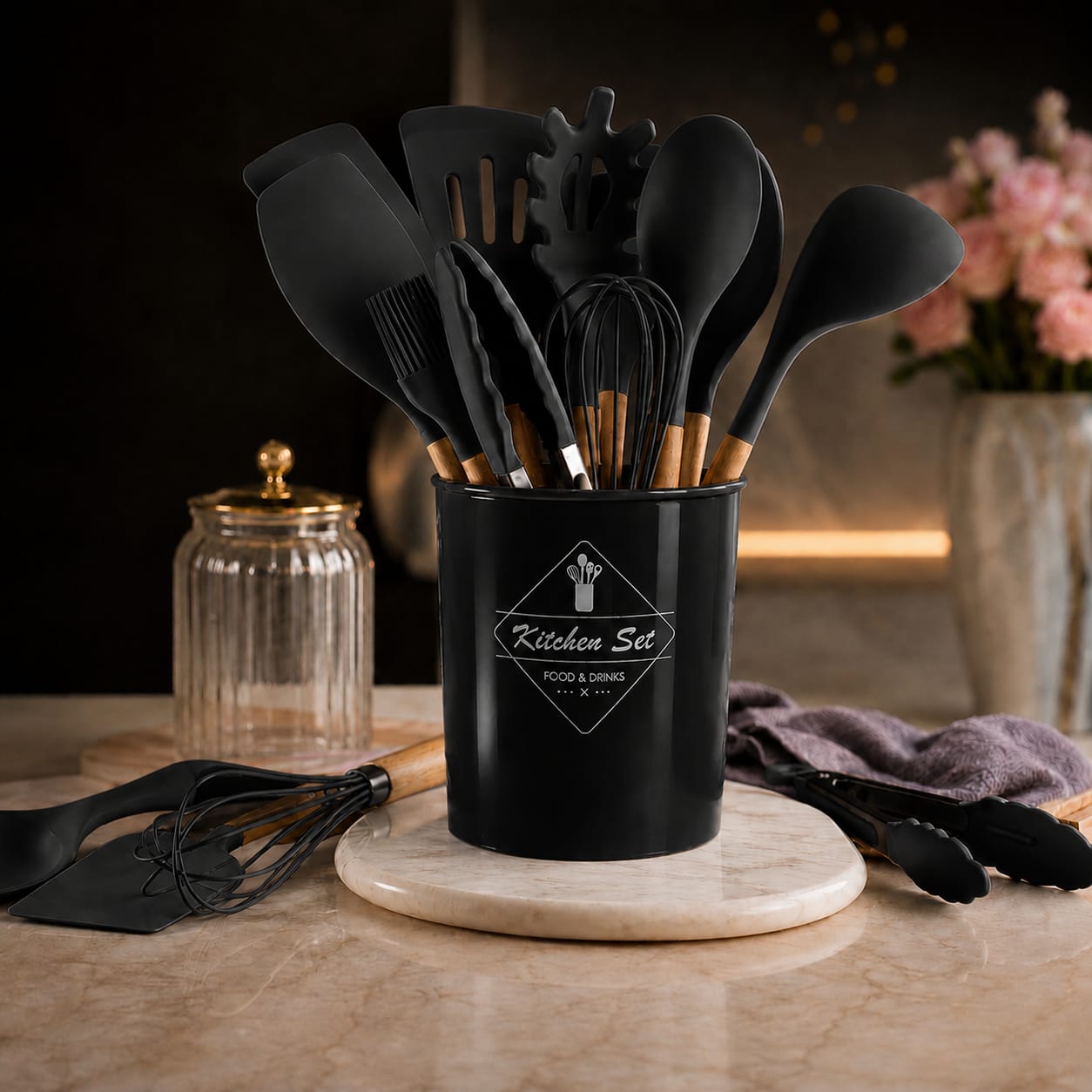 12-Piece Silicone Kitchen Utensil Set with Wooden Handles & Storage Holder