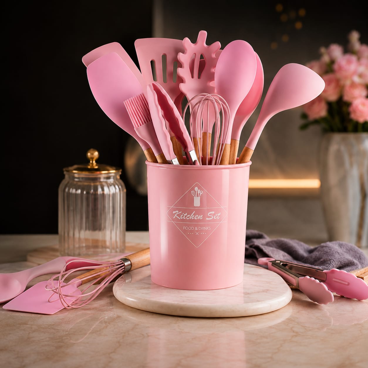 12-Piece Silicone Kitchen Utensil Set with Wooden Handles & Storage Holder