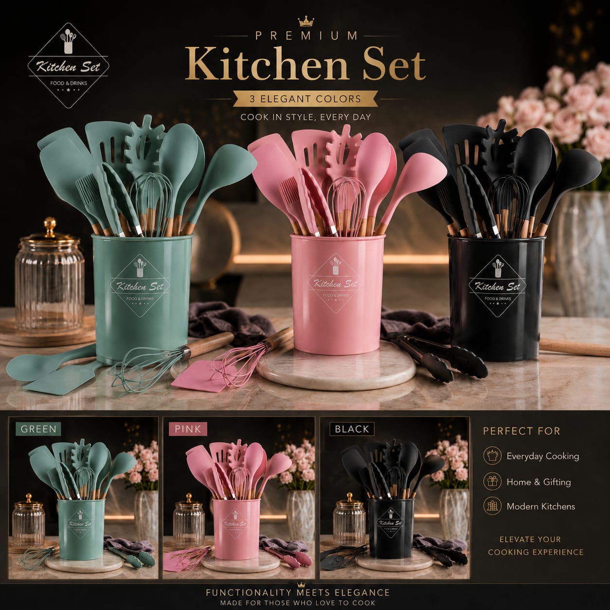 12-Piece Silicone Kitchen Utensil Set with Wooden Handles & Storage Holder