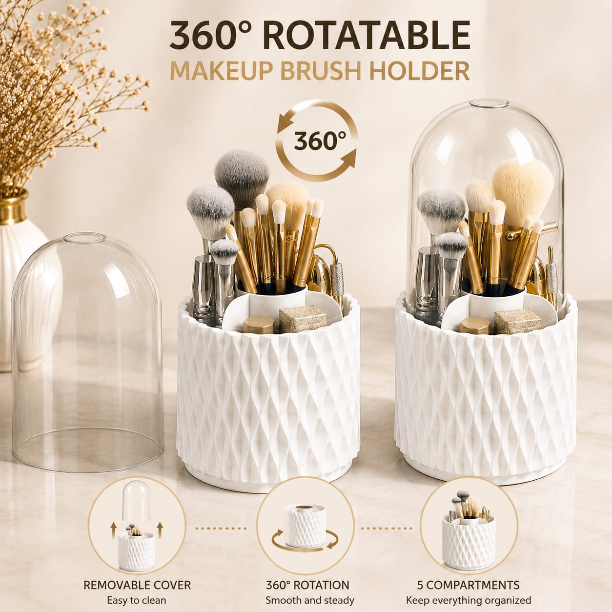360° Rotatable Makeup Brush Holder & Organizer with Dustproof Cover
