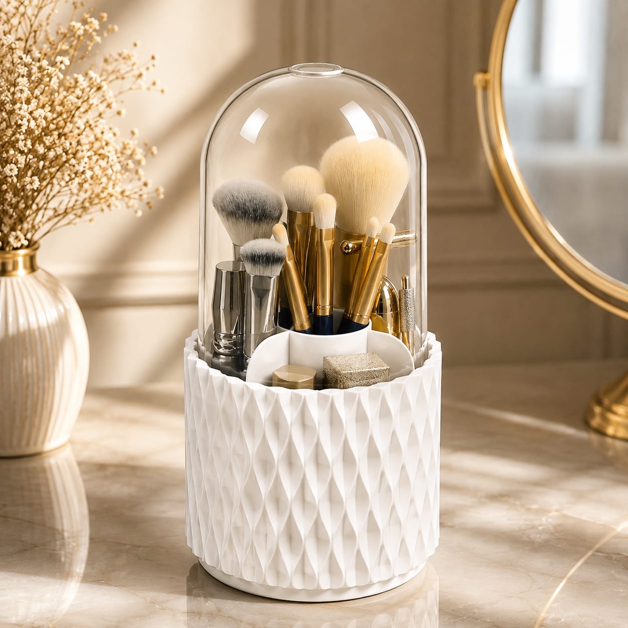360° Rotatable Makeup Brush Holder & Organizer with Dustproof Cover