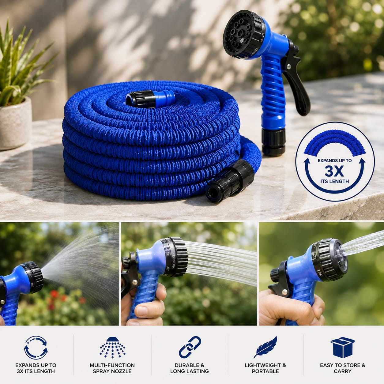 3X Expandable Magic Hose Pipe 50 Feet with 7-Function Spray Nozzle