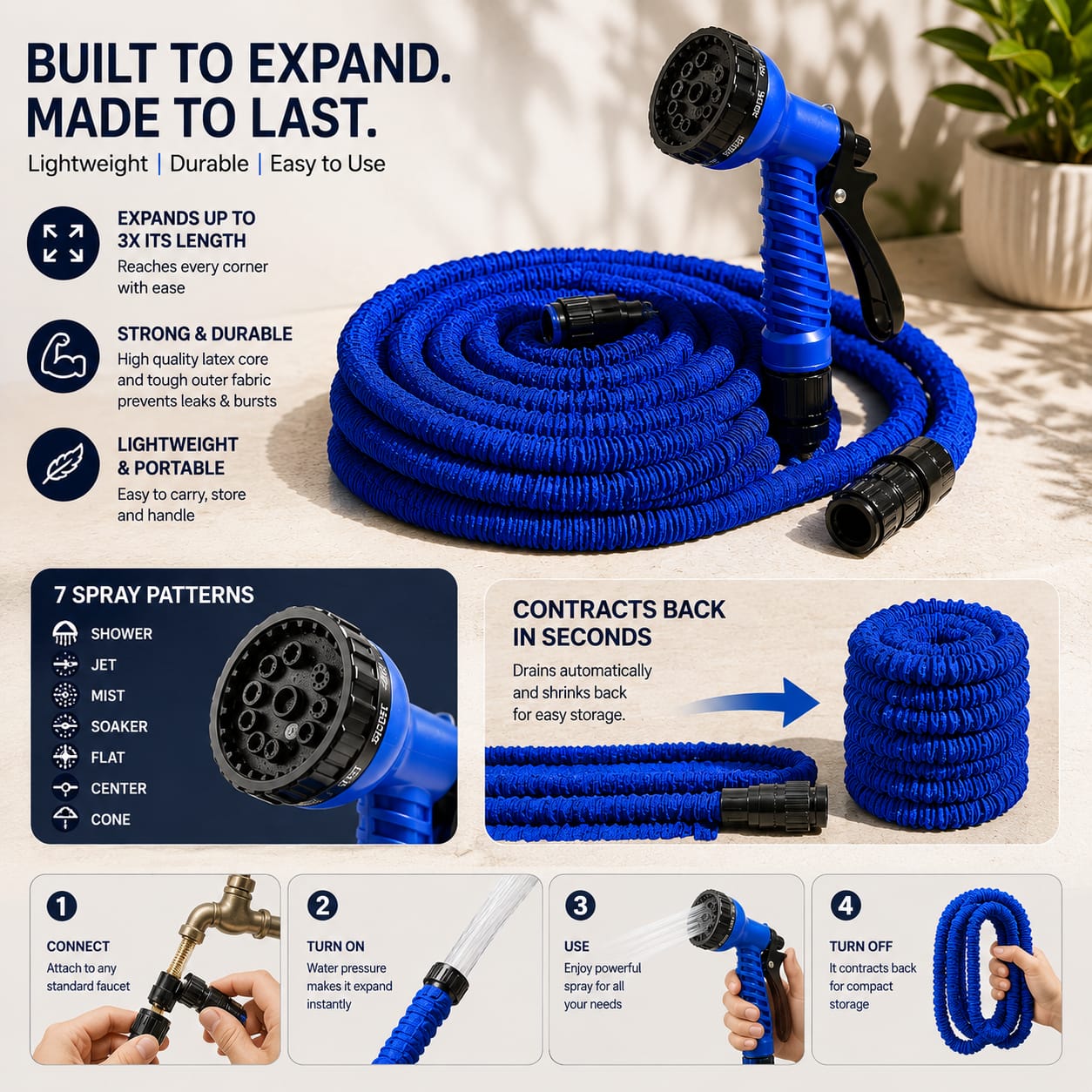 3X Expandable Magic Hose Pipe 50 Feet with 7-Function Spray Nozzle