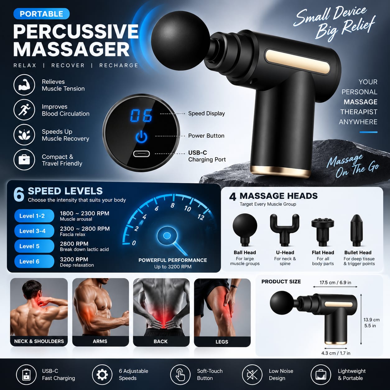 Mini Massage Gun 6 Speed Levels, 4 Interchangeable Massage Heads