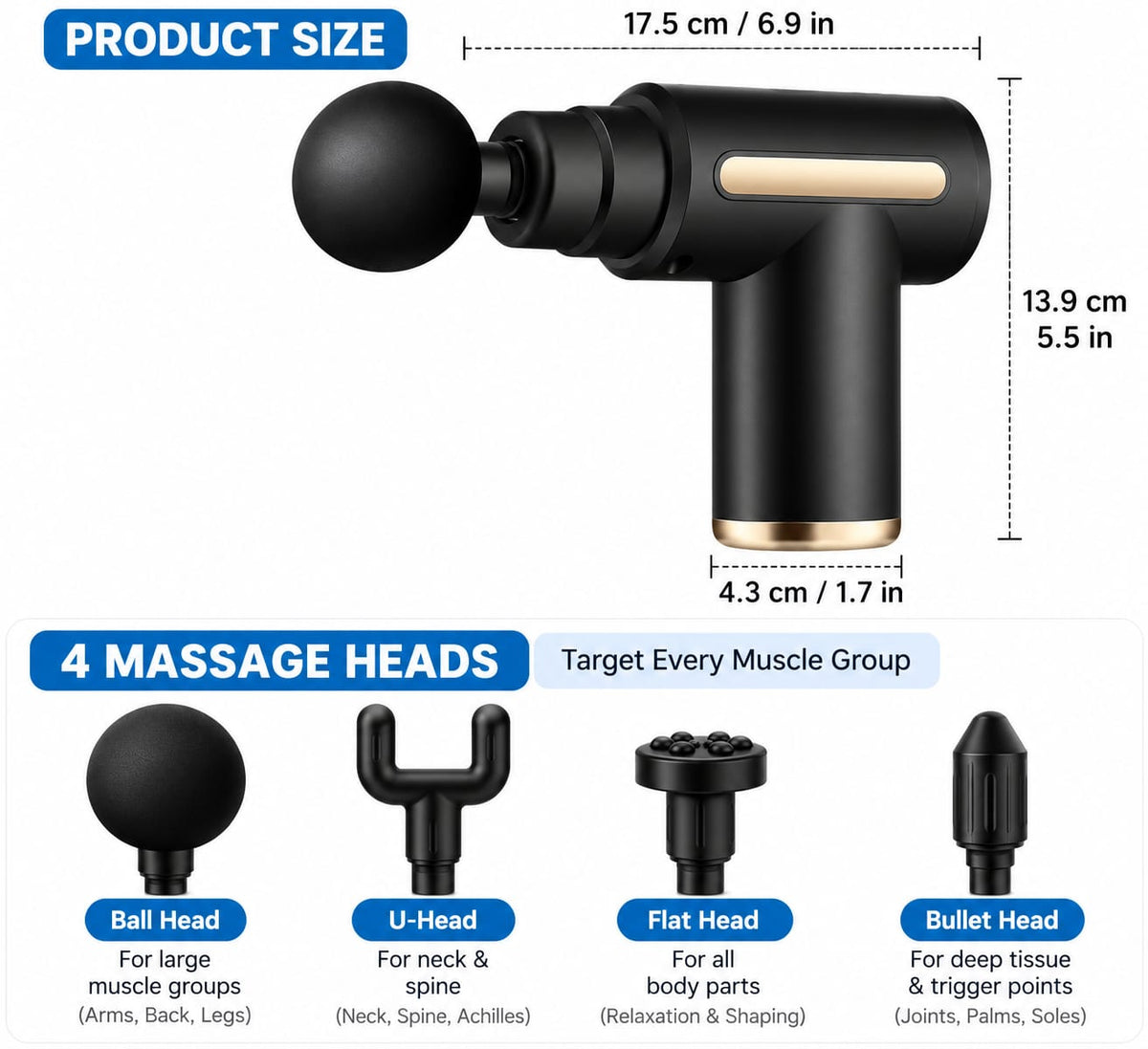 Mini Massage Gun 6 Speed Levels, 4 Interchangeable Massage Heads