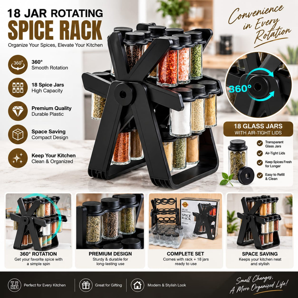 Rotating Spice Rack Organizer with 18 Glass Spice Jars, Revolving Spice Rack Set, 360°Rotating Ferris Wheel Spice Rack Seasoning Organizer
