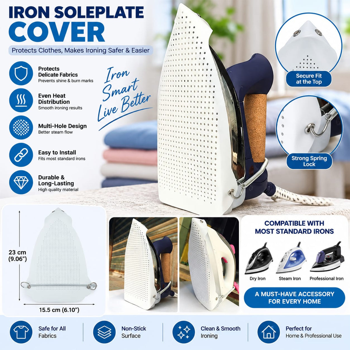 Premium Teflon Iron Soleplate Cover | Heat Resistant Non-Stick Iron Protector with Secure Spring Lock
