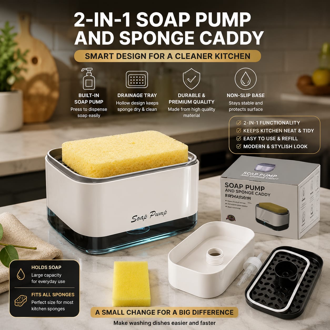2-in-1 Soap Pump & Sponge Caddy – Kitchen Sink Soap Dispenser