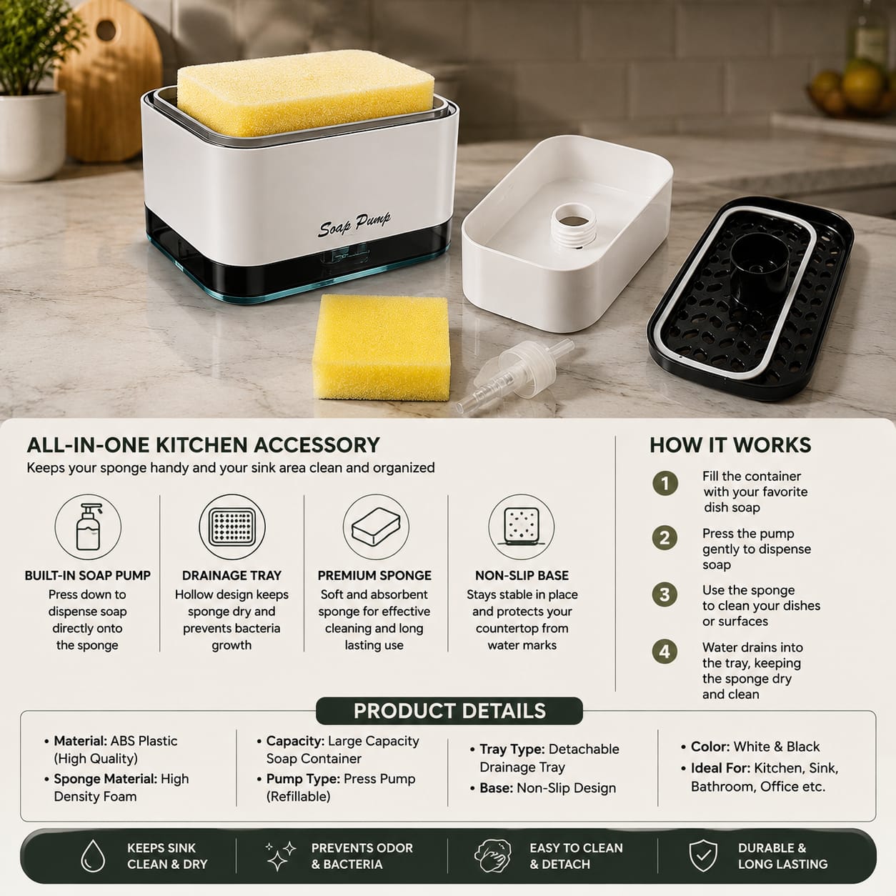 2-in-1 Soap Pump & Sponge Caddy – Kitchen Sink Soap Dispenser